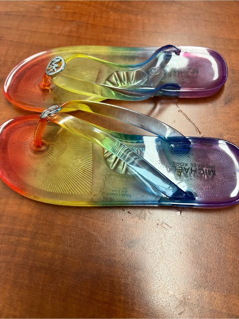 Michael Kors Rainbow Gradient Jelly Flip Flops with MK Medallions kids Sz 2